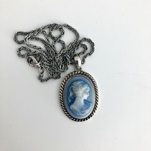 Vintage blue and white cameo necklace with silver tone chain